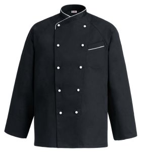 Veste de chef à manches longues noire avec boutons et bordure blanche