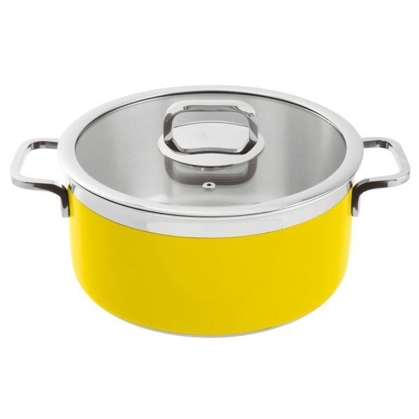 Casseruola rotonda con 2 maniglie e coperchio colore giallo verniciato