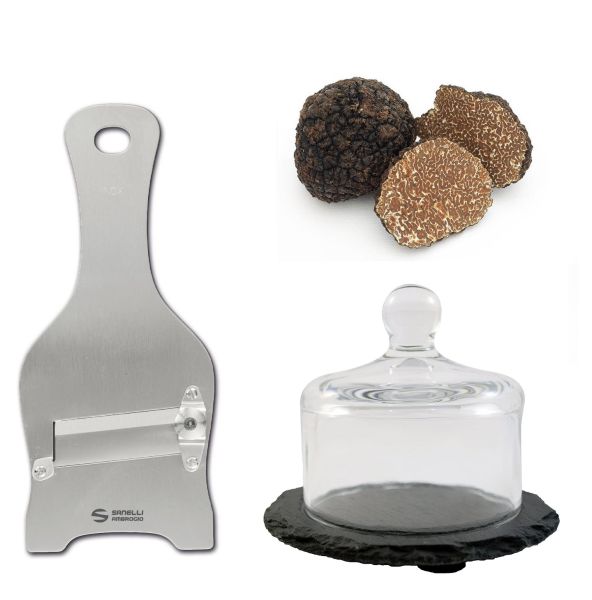 Set truffes: Trancheuse à truffes en inox et truffière en verre et ardoise