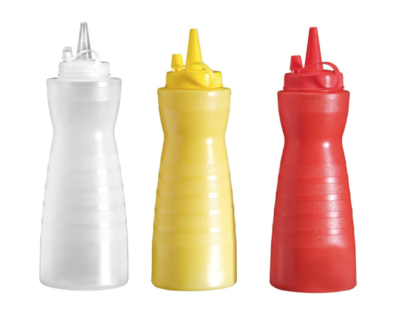 Flacone dosatore, biberon, dosasalse in polietilene 0,7 lt. (giallo, rosso, bianco)