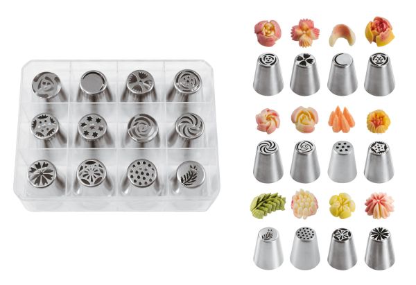 Douilles Russes à fleurs: Set de 12 douilles russes assortis en acier inoxydable