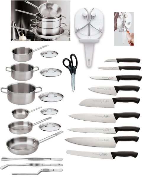 Set de cuisine de base: 6 casseroles + 5 couvercles, 9 couteaux, aiguiseur, pinces et ciseaux
