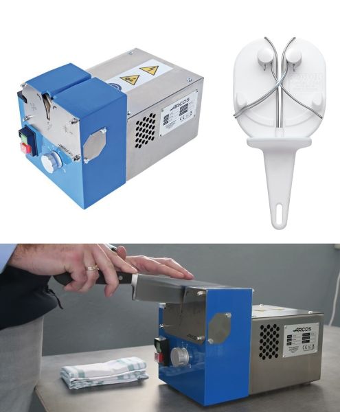Professional sharpening: Arcos electric sharpener + Dick's Master Steel HyperDrill sharpener