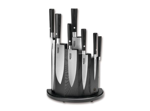 Ceppo in legno di frassino completo di 7 coltelli damascati Serie Damast Black di Böker 