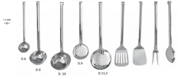 Set 9 elementi: mestoli, schiumarole, spatole, forchettone e cucchiaio per cucina in acciaio inox