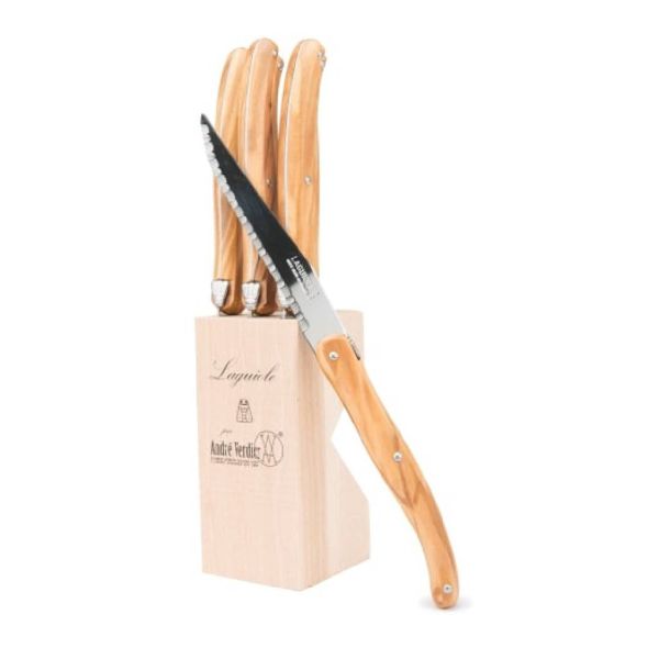 Ceppo di 6 coltelli da bistecca Laguiole di André Verdier in Olivo