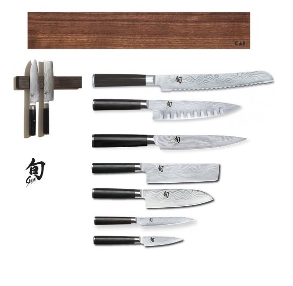 Set of 7 Kai Shun Classic damascus knives and walnut magnetic knife board by Kai 