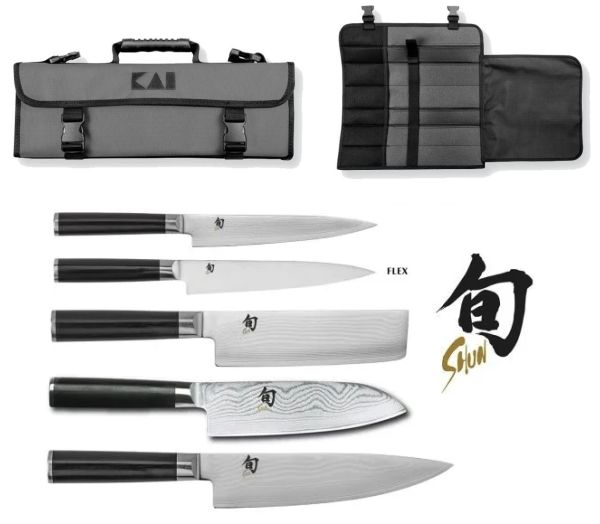 Kai Shun Classic Chef's case with 5 Damascus Knives
