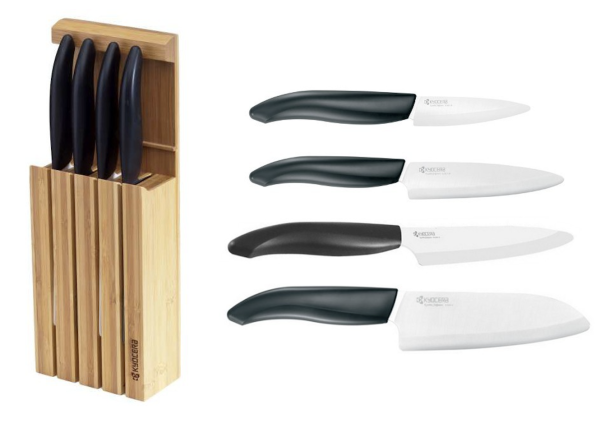 Set de 4 couteaux Kyocera Gen avec bloc en bambou - manches noirs