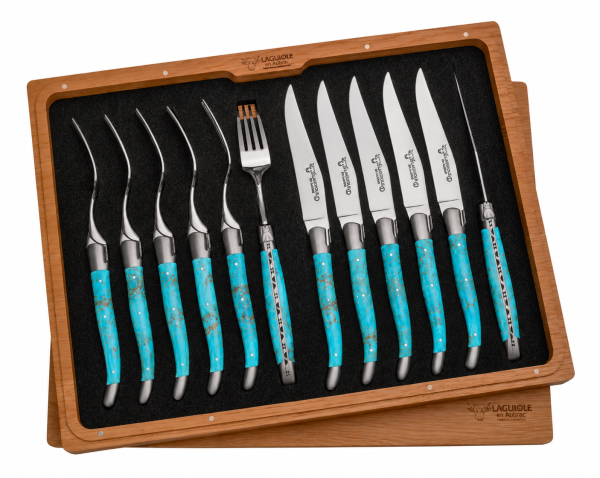 Laguiole en Aubrac: cofanetto 12 pezzi in turchese, 6 coltelli e 6 forchette