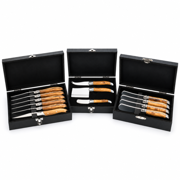 Kit tavola Laguiole Style de Vie Luxury Olive Wood: 6 coltelli da bistecca, 3 da formaggio e 4 spalmaburro