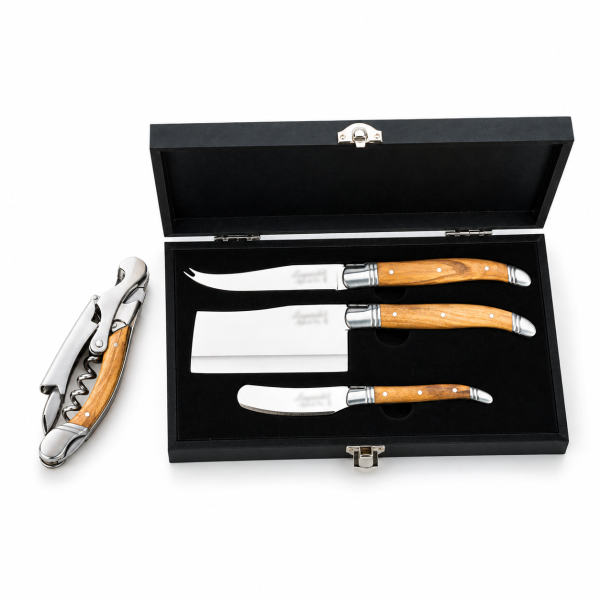 Kit vino e formaggi Laguiole Style de Vie Luxury Olive Wood: cavatappi e 3 coltelli da formaggio