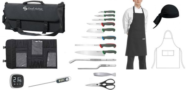 Sortie : mallette Tecna complète avec couteaux, accessoires, tablier et bandana