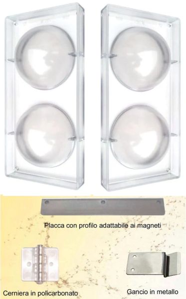 Stampo doppio sfera GRANDE D. 9,8 cm per macchina rotativa con ganci, cerniere e placca