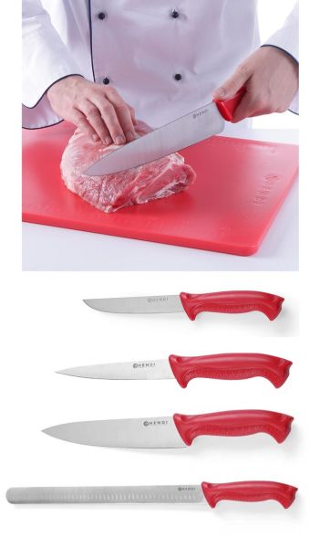 Set carne cruda: tagliere + 4 coltelli manico rosso HACCP