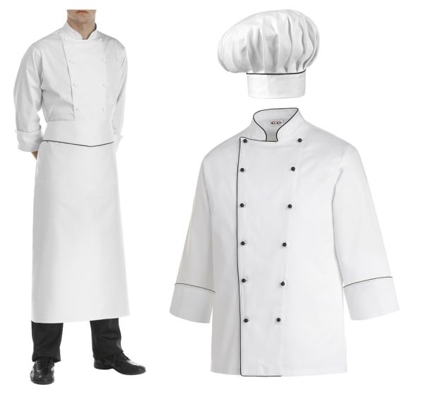 Elegance cook clothing set: Long-sleeved jacket + Apron + Hat