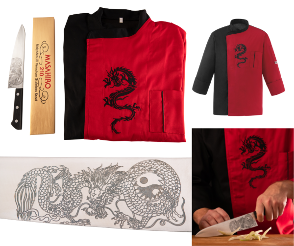 Ensemble Couteau japonais Masahiro Dragon avec personnalisation laser + Veste de chef Dragon